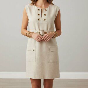 J.CREW Linen Grommet Neck Shift Dress 8 Beige